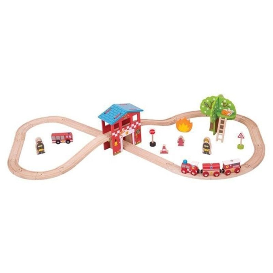 Kids Toys Bigjigs Wooden Train Sets | Fire Station Train Set