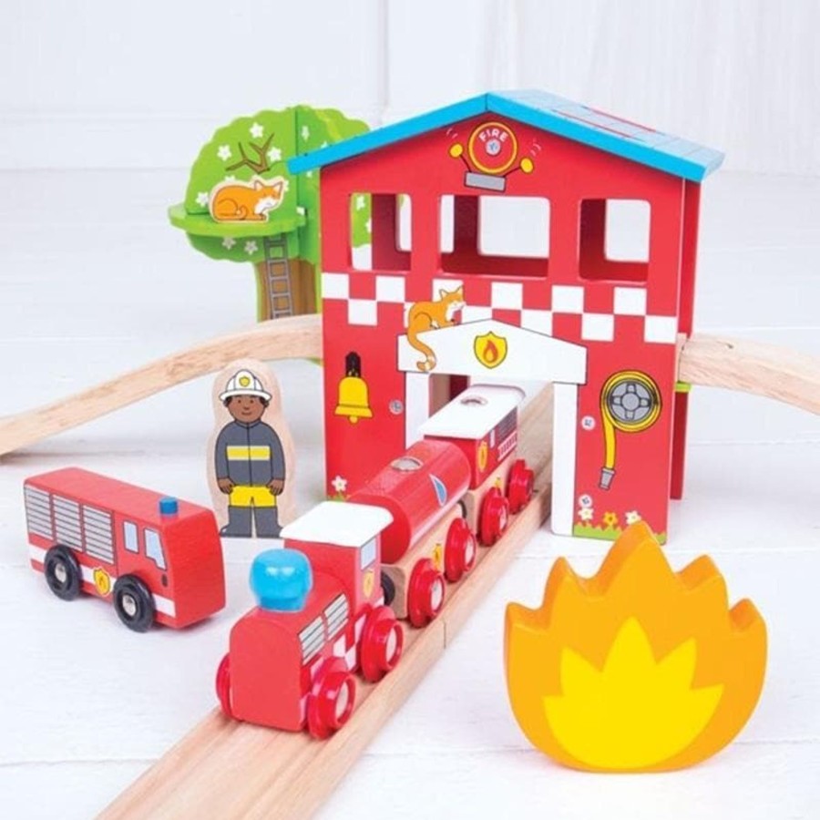 Kids Toys Bigjigs Wooden Train Sets | Fire Station Train Set