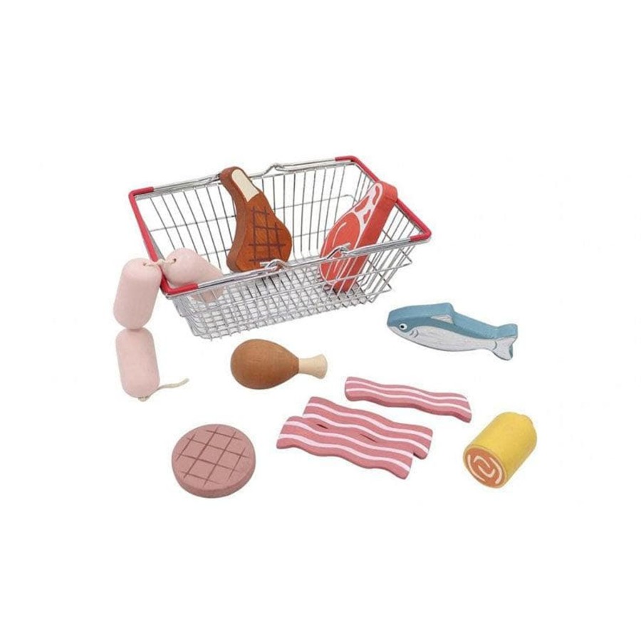 Kids Toys Kaper Kidz Wooden Food Sets | Wooden Meat & Fish Playset With Metal Basket