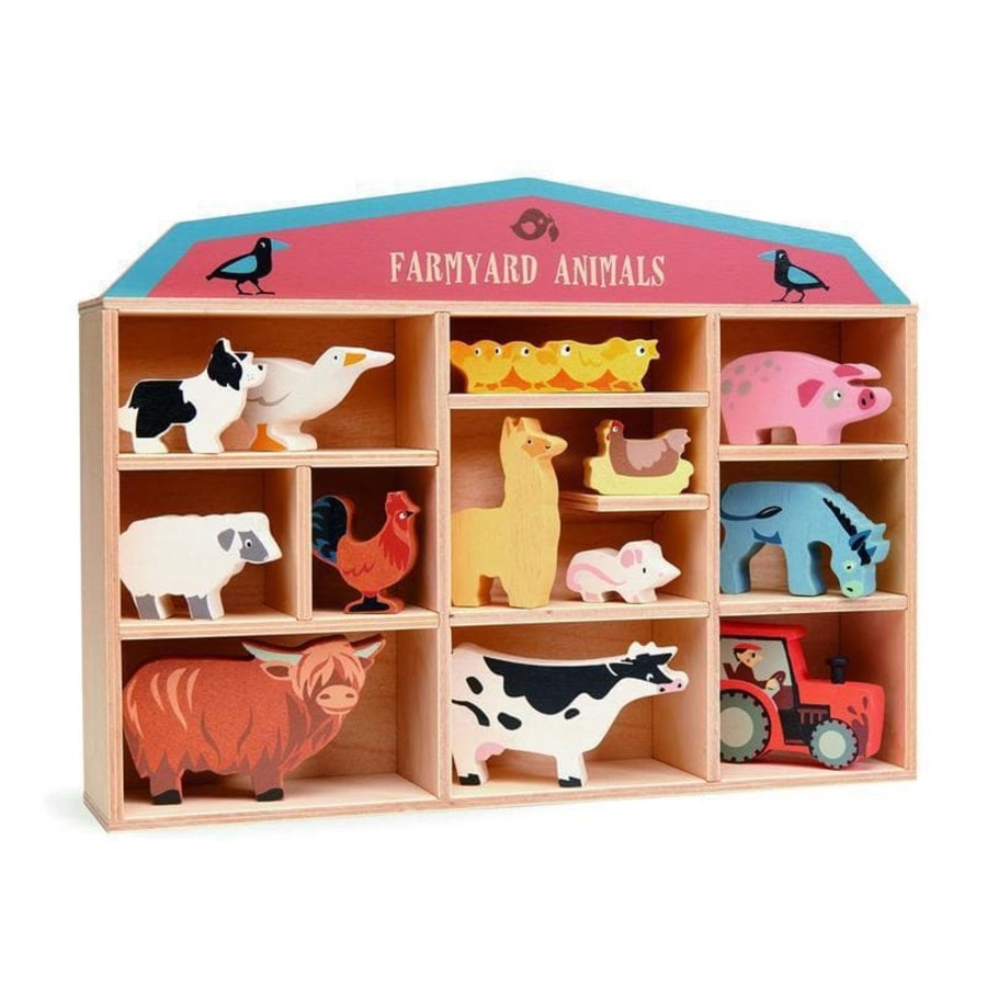 Kids Toys Tender Leaf Toys Wooden Animals | Farmyard Animals Display Shelf Set