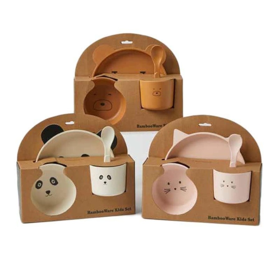 Kids Toys Jiggle & Giggle Wooden Food Sets | Panda Faces Bamboo 4Pc Dinner Sets