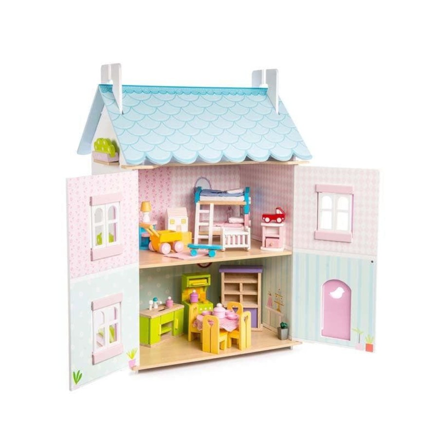 Kids Toys Le Toy Van Wooden Doll Houses | Daisylane Blue Bird Cottage With Furniture