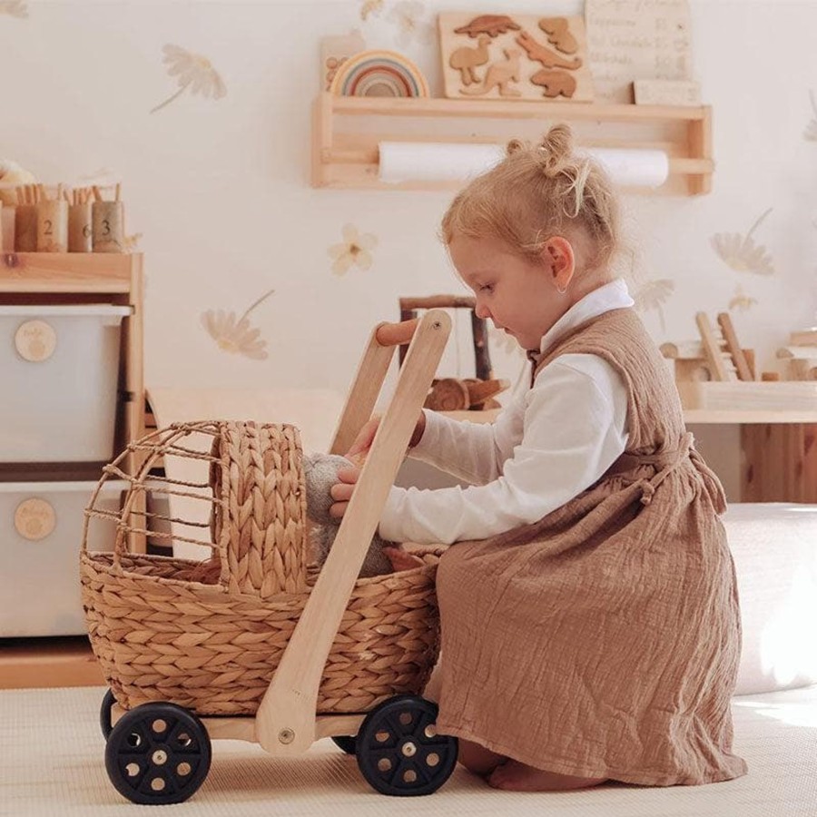 Babies & Toddlers Qtoys Wooden Walker Wagons | Water Hyacinth Doll Pram & Walker Playset