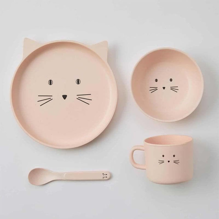 Babies & Toddlers Jiggle & Giggle Kids Bowls And Cups | Kitten Face Bamboo 4Pc Dinner Sets