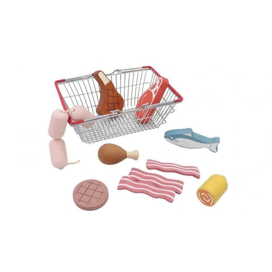 Kids Toys Kaper Kidz Play Food Sets | Wooden Meat & Fish Playset With Metal Basket