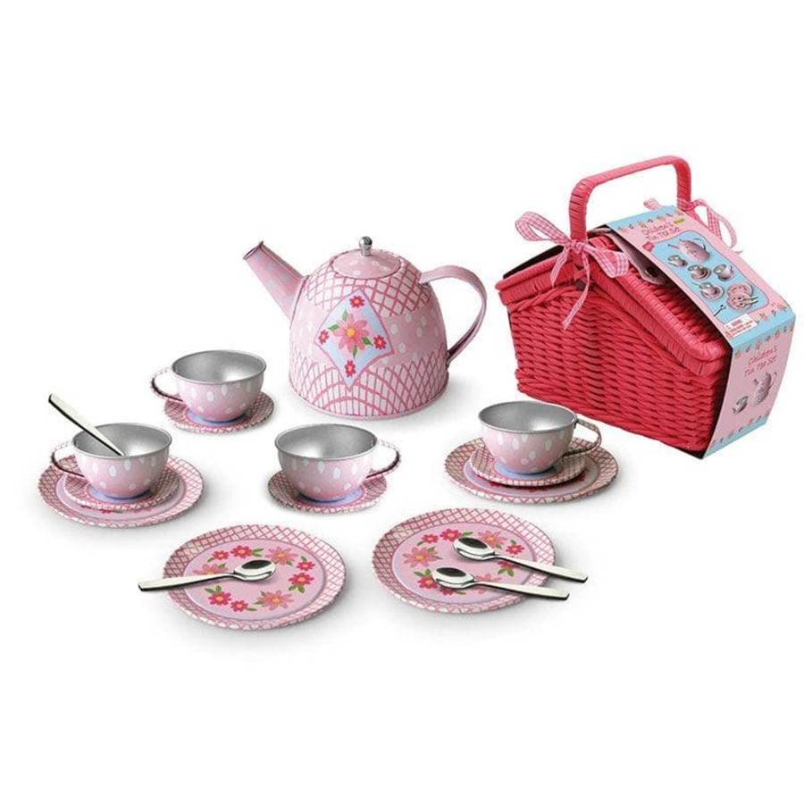 Kids Toys Kaper Kidz Kids Tea Sets | Floral Tin Tea Set In Picnic Basket