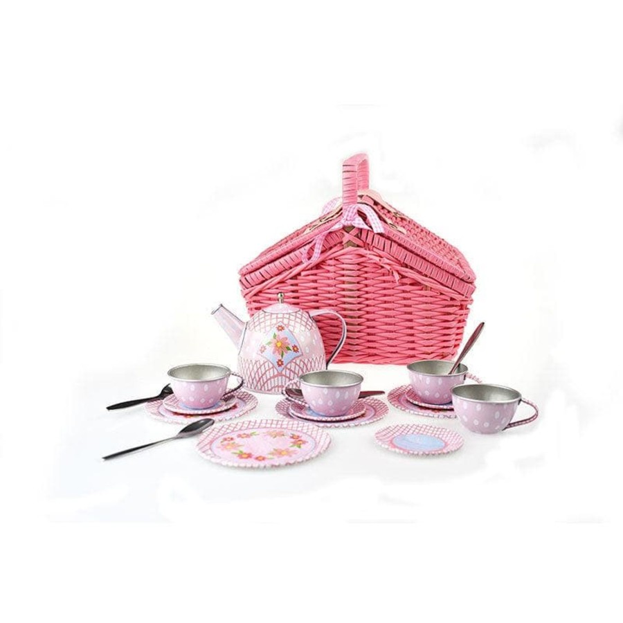 Kids Toys Kaper Kidz Kids Tea Sets | Floral Tin Tea Set In Picnic Basket