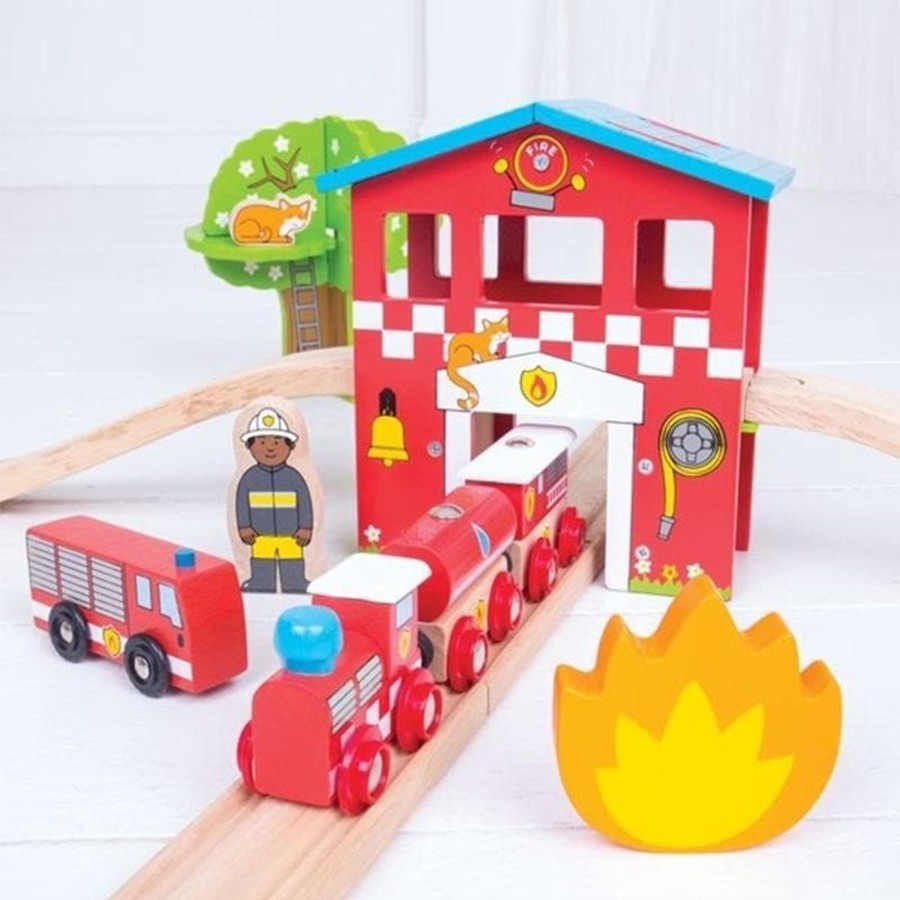 Kids Toys Bigjigs Wooden Toys | Fire Station Train Set